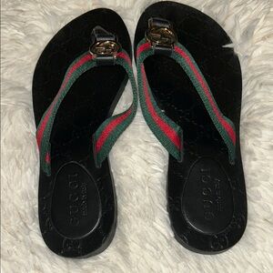 Gucci Black Sandal with Green and Red Web Stripe
